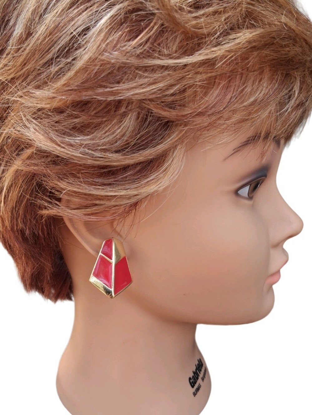 Vintage Crown Trifari Red Enamel Gold Tone Geometric Clip On Earrings 80s
